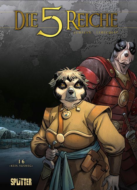 "Die 5 Reiche", "Kein Ausweg". Zwei anthropomorphe Tiere in Rüstungen, im Hintergrund eine verschneite Landschaft.