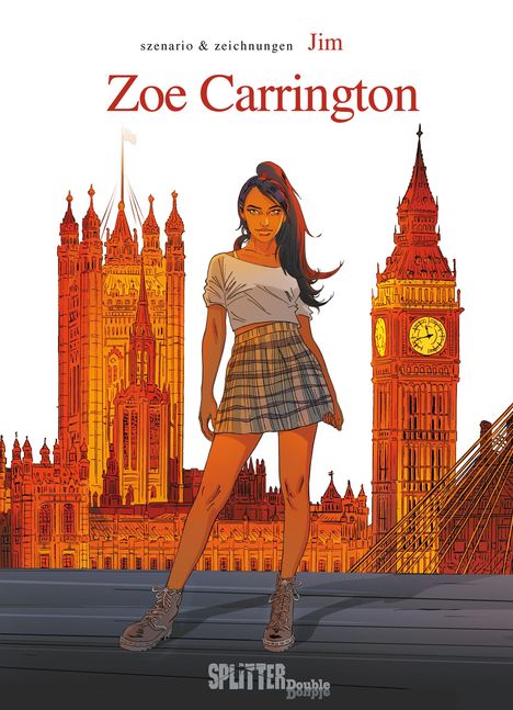 "Zoe Carrington" und "Jim". Eine Frau in schottischem Rock steht vor orangefarbenen Gebäuden im Stil von Big Ben und Palace.