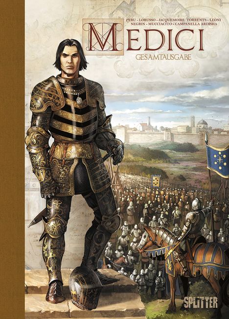 „MEDICI Gesamtausgabe“; eine detaillierte Illustration eines Ritters in prächtiger Rüstung vor einer mittelalterlichen Stadt.