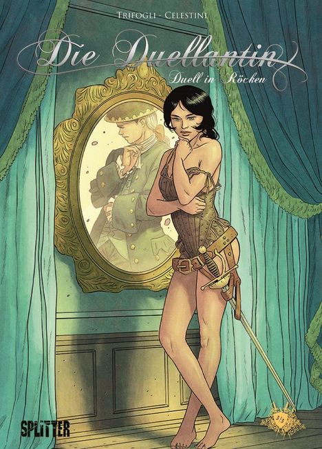 "Die Duellantin: Duell in Röcken" steht oben. Illustration einer Frau in Unterkleid und Degen, daneben ein Spiegelbild.