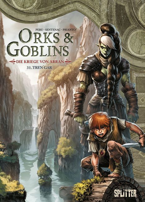 "Orks & Goblins, Die Kriege von Arran 31. Tren Gar." Eine grimmige Orkin und ein Junge vor einer Schlucht.