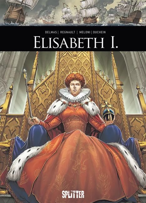 "ELISABETH I." steht oben, darunter sitzt eine königlich gekleidete Frau auf einem Thron, mit Zepter und Reichsapfel.