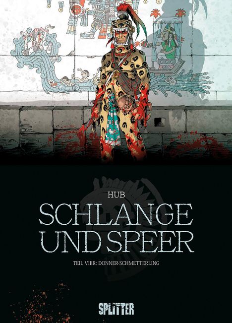 Titel: "Schlange und Speer". Untertitel: "Teil Vier: Donner-Schmetterling". Illustration eines Kriegers in Leopardenfell vor Wandmalerei.