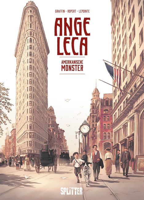 "Ange Leca: Amerikanische Monster" in roter Schrift. Szene mit historischer Stadtstraße, Flatiron-Gebäude, Menschen und Hund.