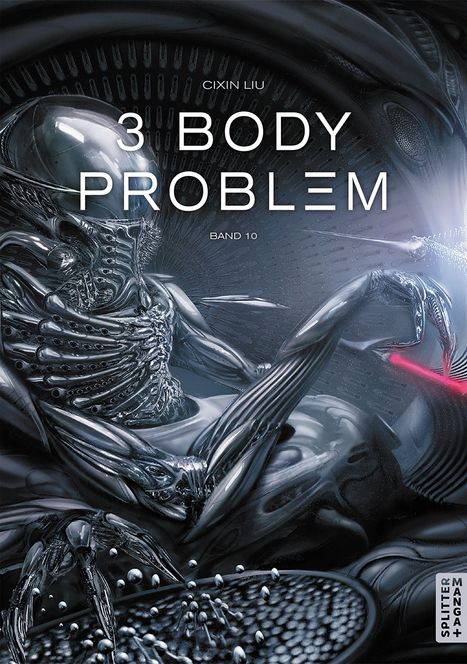 „3 Body Problem, Band 10“ von Cixin Liu. Eine futuristische, metallische Figur in einem dunklen, sci-fi Setting.