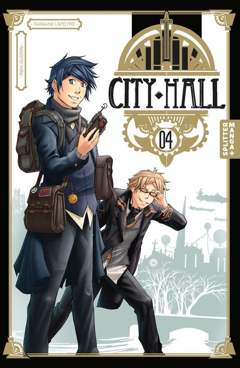 Titel "CITY HALL 04": Zwei junge Männer, einer mit blauen Haaren und Notizbuch, der andere trägt eine Brille. Steampunk-Stil.