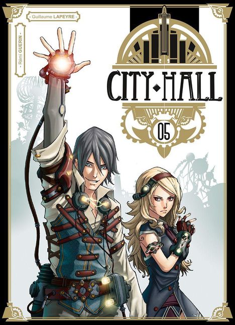 „CITY•HALL 05“ steht oben in stilvollen Buchstaben. Zwei Personen in Steampunk-Kleidung, eine hebt die Hand.