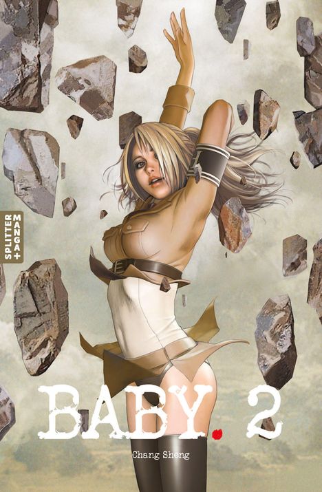 "Baby 2" und "Chang Sheng". Eine Illustration zeigt eine Frau in Bewegung, umgeben von schwebenden Steinen.