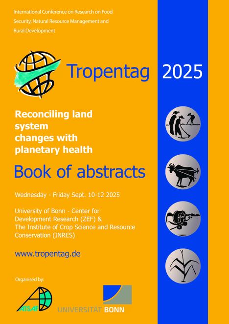 Tropentag 2025, Book of abstracts, Bonn University. Gelber Hintergrund, blaue Akzente, drei runde Schwarz-Weiß-Icons rechts.