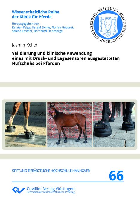 Buchcover mit dem Text: "Wissenschaftliche Reihe der Klinik für Pferde", "Jasmin Keller", "Hufschuh mit Sensoren bei Pferden".