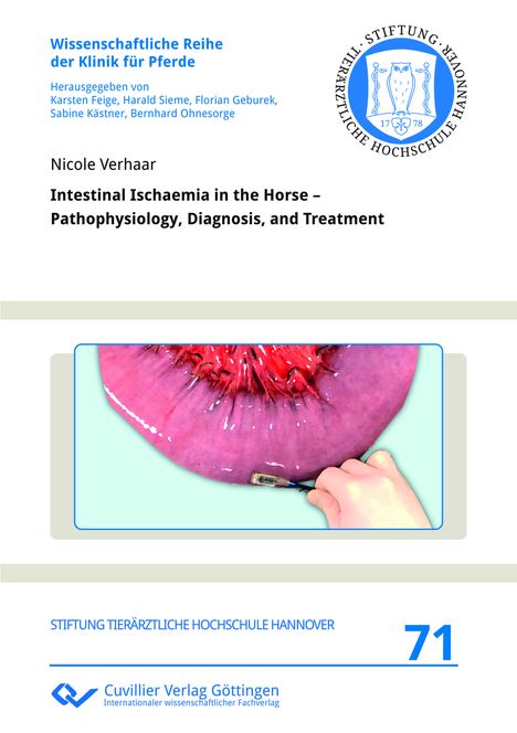 Titel: "Intestinal Ischaemia in the Horse – Pathophysiology, Diagnosis, and Treatment". Bild eines Darms mit Werkzeug.