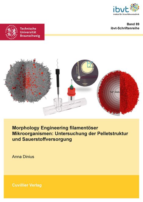 Logo der Technischen Universität Braunschweig, daneben "ibvt". Titel über Morphology Engineering. Illustration wissenschaftlicher Instrumente und Mikroorganismen.