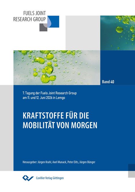 Titel: KRAFTSTOFFE FÜR DIE MOBILITÄT VON MORGEN. Grüngelbe Flüssigkeitstropfen auf buntem Hintergrund.