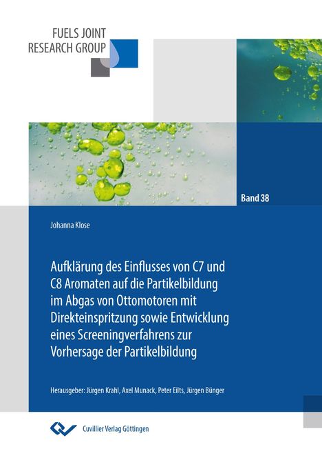 "Fuels Joint Research Group", Band 38, C7 und C8 Aromaten. Grünes Liquid, abstrakte Formen. Cuvillier Verlag Logo.