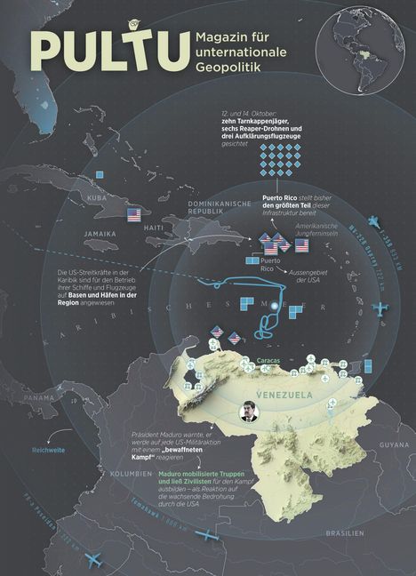 "Magazin für internationale Geopolitik". Karte mit geopolitischen Informationen über Truppenbewegungen in der Karibik und Venezuela.