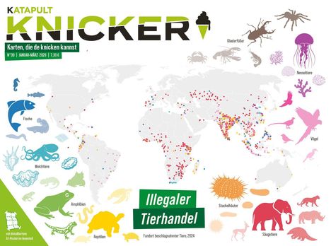 "Illegale Tierhandel" in grüner Schrift. Weltkarte mit farbigen Punkten und Tierillustrationen in Kategorien gruppiert.