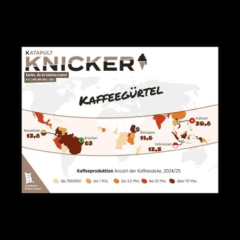 KAFFEEGÜRTEL. Kaffeeproduktion Anzahl der Kaffeesäcke, 2024/25. Länder: Kolumbien, Brasilien, Äthiopien, Indonesien, Vietnam.