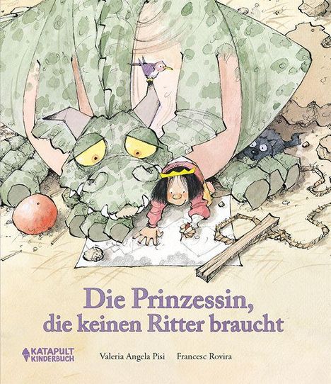 „Die Prinzessin, die keinen Ritter braucht“. Ein grüner Drache liegt neben einem Mädchen, während es zeichnet.