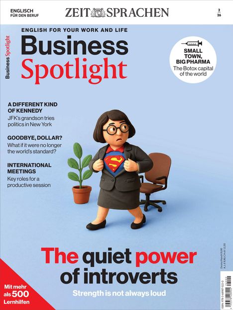 Englisch für den Beruf: Business Spotlight. Themen: Kennedy, Dollar, Meetings. Titel: Die stille Kraft der Introvertierten. Illustration: Frau im Superheldenkostüm.