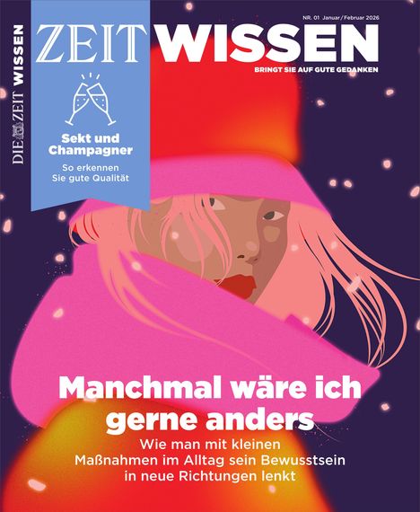 Titel: "Manchmal wäre ich gerne anders." Illustration: Person in rotem Hut und Lippenstift, umgeben von Lichtpunkten.