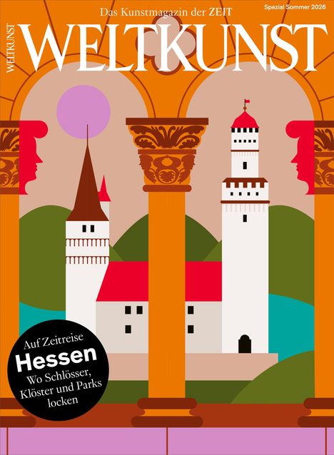 „Auf Zeitreise Hessen: Wo Schlösser, Klöster und Parks locken“. Illustration mit Türmen, Säulen und menschlichen Profilen.