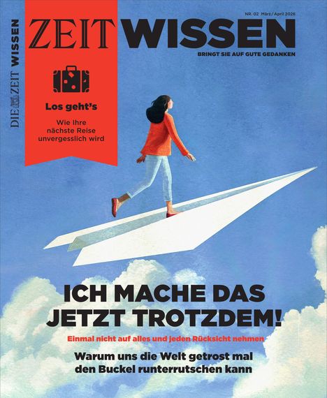 ZEIT WISSEN, Los geht's: Wie Ihre nächste Reise unvergesslich wird. Illustration: Frau auf Papierflugzeug über Wolken.