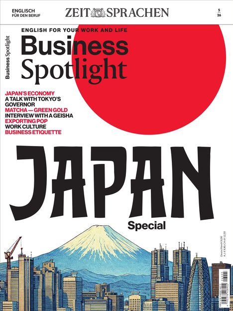 Zeitschriftencover mit dem Titel "Business Spotlight", Themen: Japans Wirtschaft, Tokio, Matcha, Geisha-Interview. Illustration: Skyline, Berg.