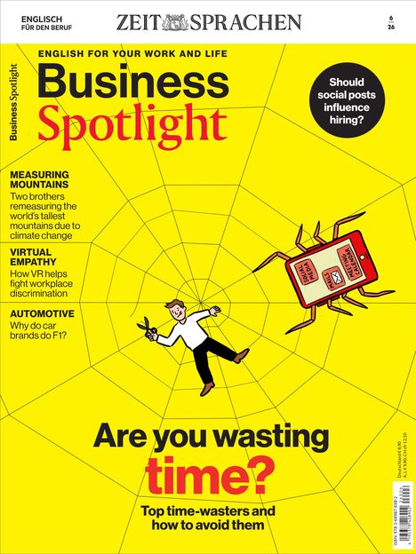 „Business Spotlight“ oben, Illustration: Mann im Netz, Handy als Spinne; thematische Artikelankündigungen links.