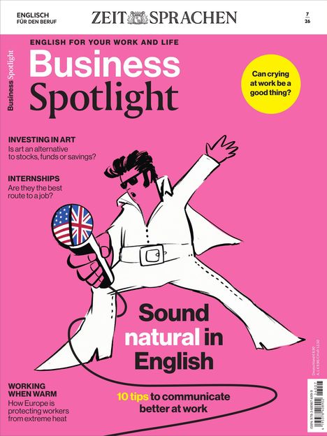 Magazin-Cover mit pinkem Hintergrund: "Business Spotlight", "Sound natural in English", tanzende Figur mit Mikrofon.