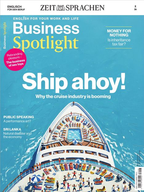 Titel: "Business Spotlight". Haupttext: "Ship ahoy! Why the cruise industry is booming". Illustration eines Kreuzfahrtschiffs.