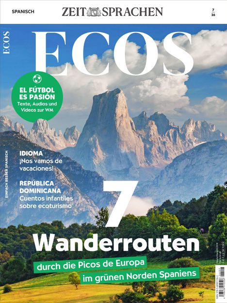 Titel "ECOS", Haupttext: "7 Wanderrouten durch die Picos de Europa im grünen Norden Spaniens". Berglandschaft im Hintergrund.