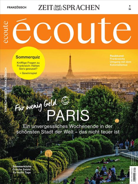 "é coute", Sommerquiz, "Für wenig Geld 😃 PARIS", "Frische Salate". Illustration zeigt Paris mit Eiffelturm und Park.