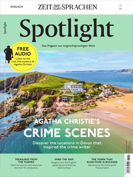 "Spotlight: Das Magazin zur englischsprachigen Welt. Agatha Christie's Crime Scenes. Küstenlandschaft mit Häusern."
