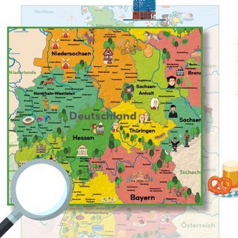 Illustration der Bundesländer Deutschlands, markiert mit Sehenswürdigkeiten und typischen Symbolen, z.B. Brezeln für Bayern.