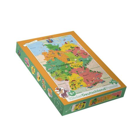 "Made in Germany", "8+", "Kinder Deutschland Puzzle", "150". Bunte Illustration einer Deutschlandkarte mit Tieren und Symbolen.