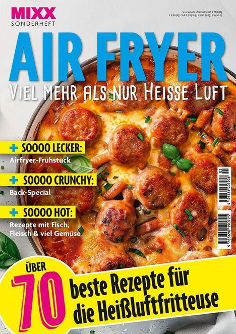 AIR FRYER: Viel mehr als nur heiße Luft. Über 70 beste Rezepte. Pizza mit Wurstscheiben und Basilikum im Hintergrund.