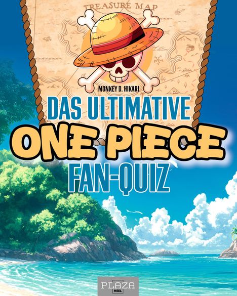"Das ultimative One Piece Fan-Quiz". Illustration eines Strandes mit klarem Himmel und einem Totenkopf mit Strohhut.