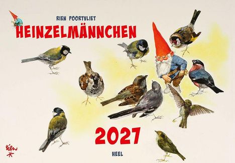 "Heinzelmännchen 2027" steht im Vordergrund. Ein Wichtel mit roten Hut ist von Vögeln umringt.