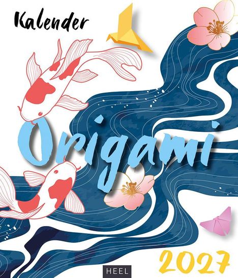 „Kalender Origami 2024“. Koi-Fische, Wellen, Origami-Vögel, und Kirschblüten.