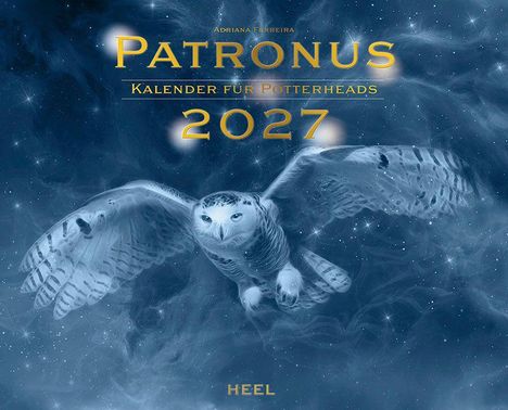 Text: Patronus Kalender für Potterheads 2027, HEEL. Illustration einer schwebenden weißen Eule vor einem sternklaren Hintergrund.