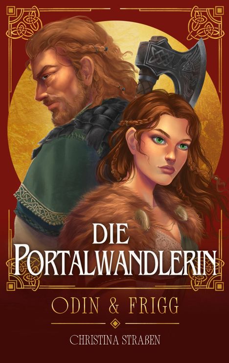Die Portalwandlerin: Odin & Frigg. Christina Straßen. Illustration von zwei Figuren im nordischen Stil vor goldenem Hintergrund.