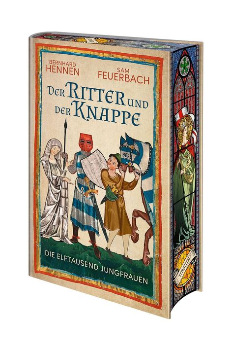 "Der Ritter und der Knappe. Die Elftausend Jungfrauen." Illustration eines Ritters mit Schild, einem Knappe und Pferd.