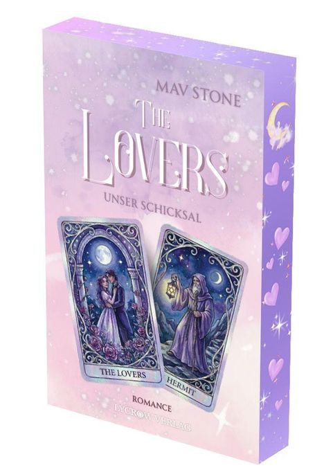 „THE LOVERS“, „UNSER SCHICKSAL“; Karten „THE LOVERS“ und „HERMIT“, Mond und Sterne, rosa-lila Hintergrund.
