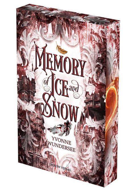 "Memory of Ice and Snow: Yvonne Wundersee, Lycrow Verlag." Verschnörkelte Illustrationen, Federn, Burgen, Eismuster.