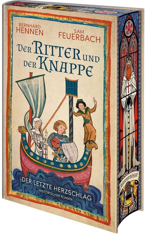 Buchtitel: "Der Ritter und der Knappe - Der letzte Herzschlag". Illustration eines Bootes mit drei Figuren auf Wellen.