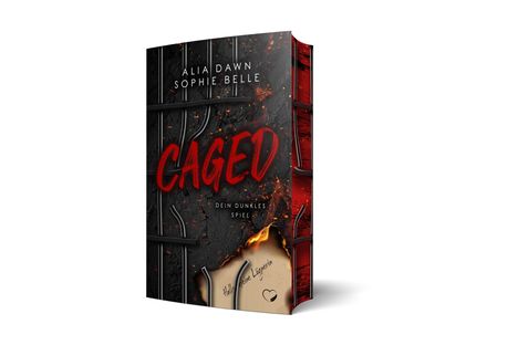 "CAGED. Dein dunkles Spiel." Roter Text auf dunklem, rauem Hintergrund mit Gitterstäben und einer brennenden Papierecke.