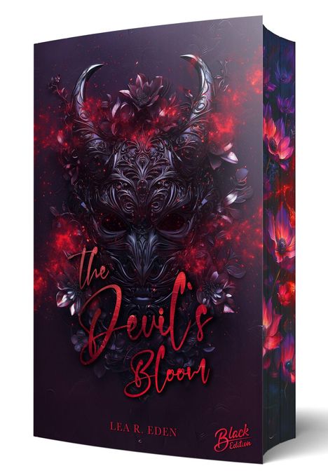 "The Devil's Bloom", Lea R. Eden. Dunkles Design mit floralen und teuflischen Elementen, rote Blumenakzente.
