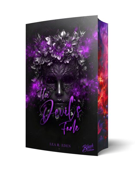 "The Devil's Fade", Lea R. Eden, Black Edition. Dunkle Maske mit violetten Blumen und leuchtendem Nebel.