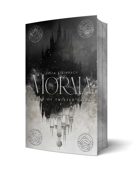 "Julia Steinbach, Moralia: Court of Twisted Fates". Ein dunkles Schloss vor bewölktem Himmel, umgeben von Symbolen.