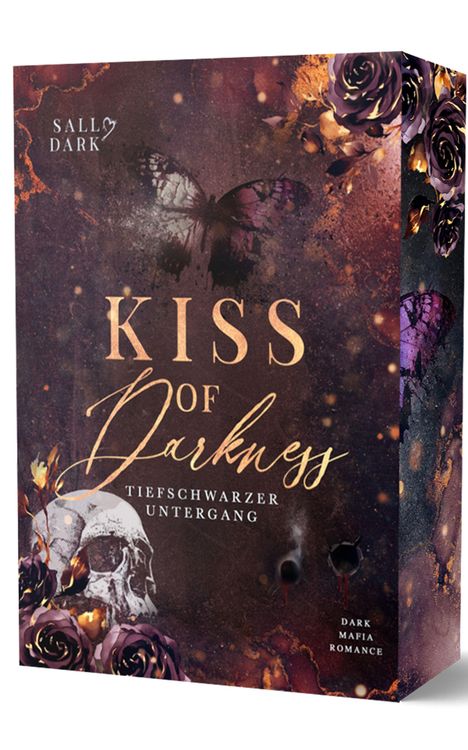 "KISS OF Darkness", "Tiefschwarzer Untergang", dunkles Design mit Rosen, Totenkopf und Schmetterlingen.